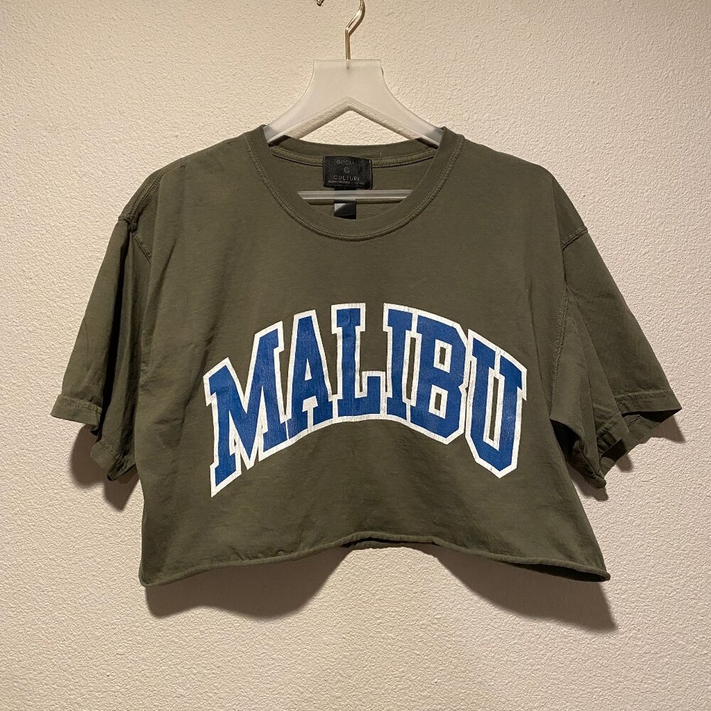 Malibu Varsity Letter Crop T-Shirt Olive Green ML College‎ Style